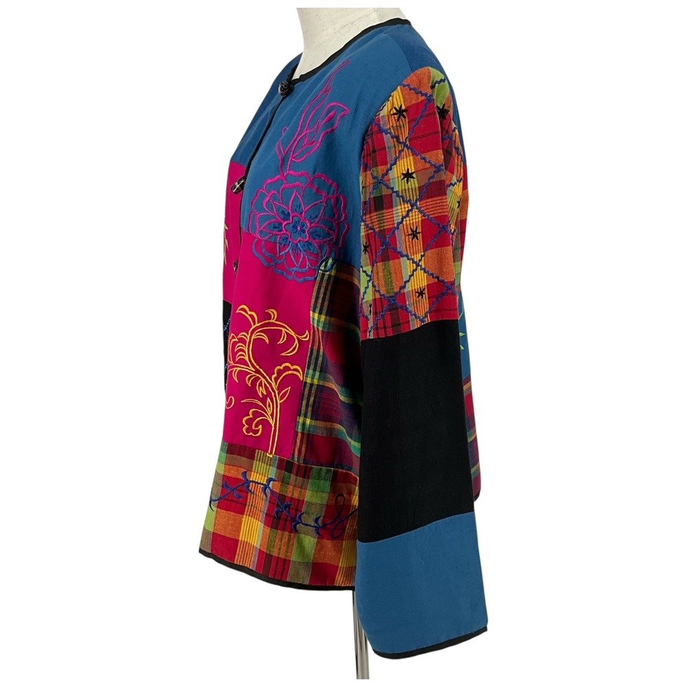 Alex Kim Patchwork Embroidered Jacket Blue Pink Plaid Artsy Boho XL - Picture 2 of 7